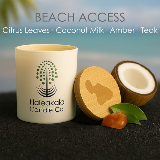 Haleakala Candle Co. candle with coconut and leaf on a beach setting
