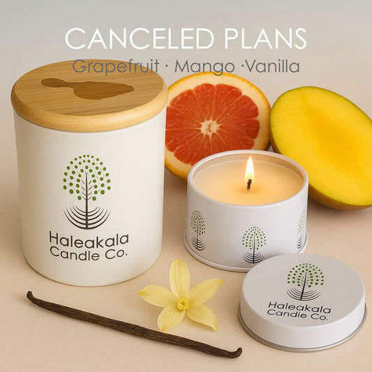 Haleakala Candle Co. candle with grapefruit, mango, and vanilla elements on a beige background
