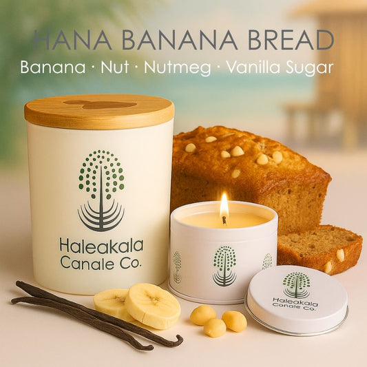 Haleakala Canale Co. candle with banana bread, vanilla beans, and nutmeg on a light background